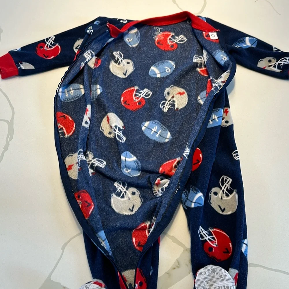 Carter’s footie pajamas navy blue red gray football helmet print size 18 months